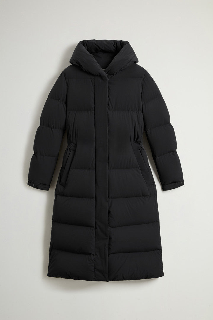 Long Cloud Down Jacket in Stretch Nylon with Matte Finish Black