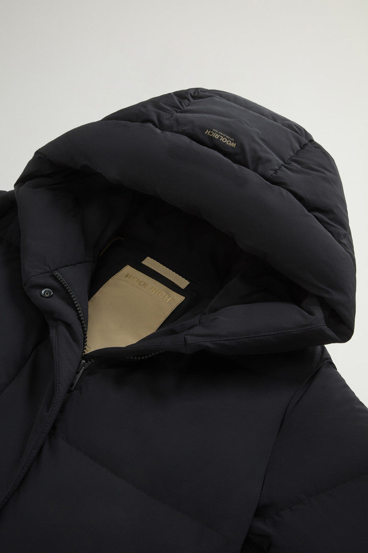 Long Cloud Down Jacket in Stretch Nylon with Matte Finish Black