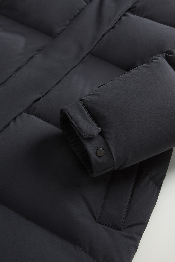Long Cloud Down Jacket in Stretch Nylon with Matte Finish Black
