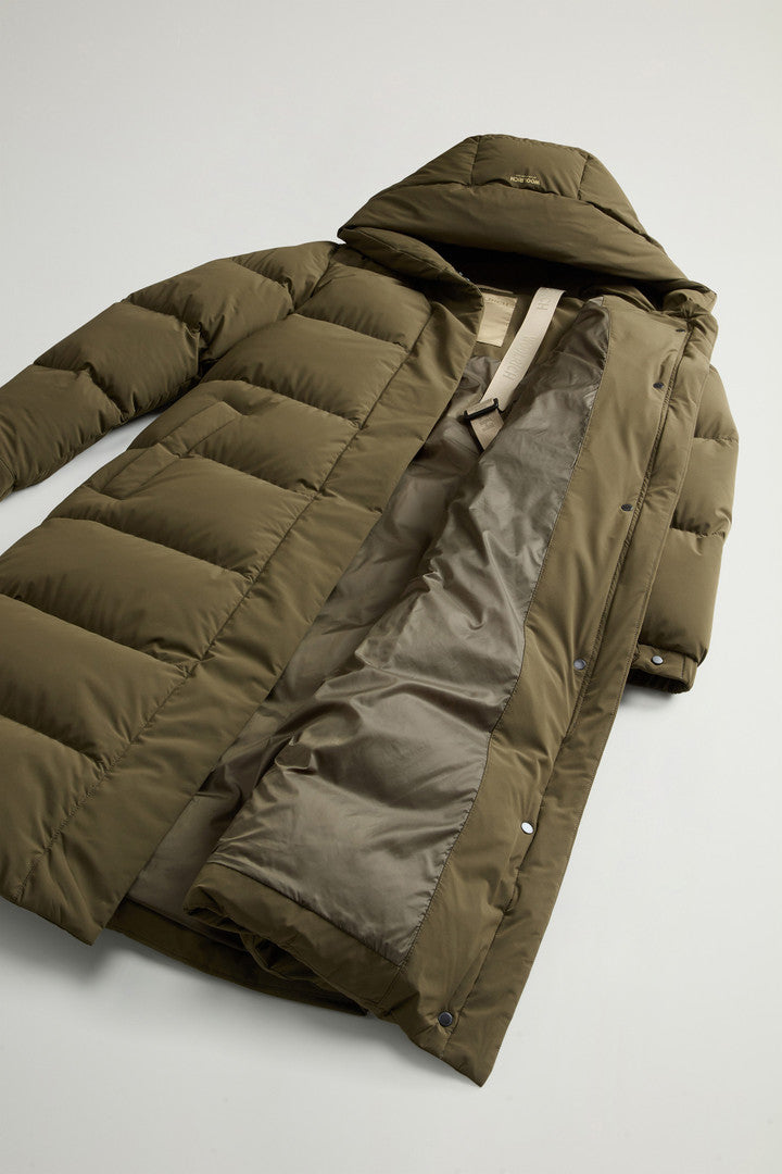 Long Cloud Down Jacket in Stretch Nylon with Matte Finish Black Dark Green