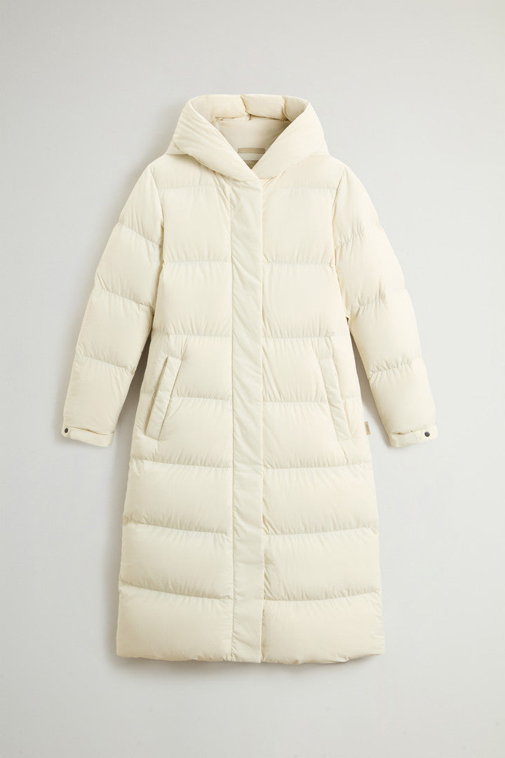 Long Cloud Down Jacket in Stretch Nylon with Matte Finish Black Dark Green Milky Cream